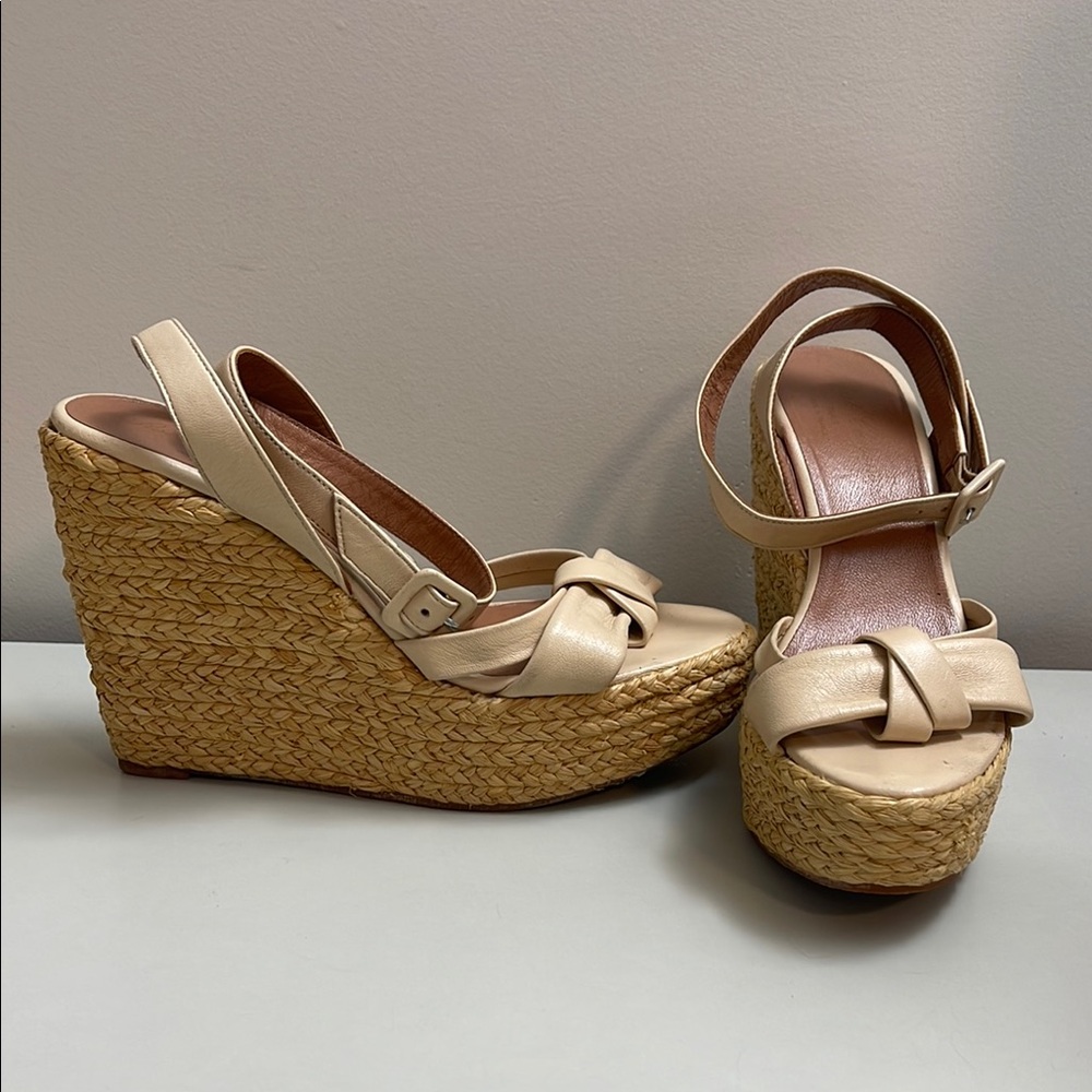 Robert Clergerie Cream and Tan Wedge Sandals